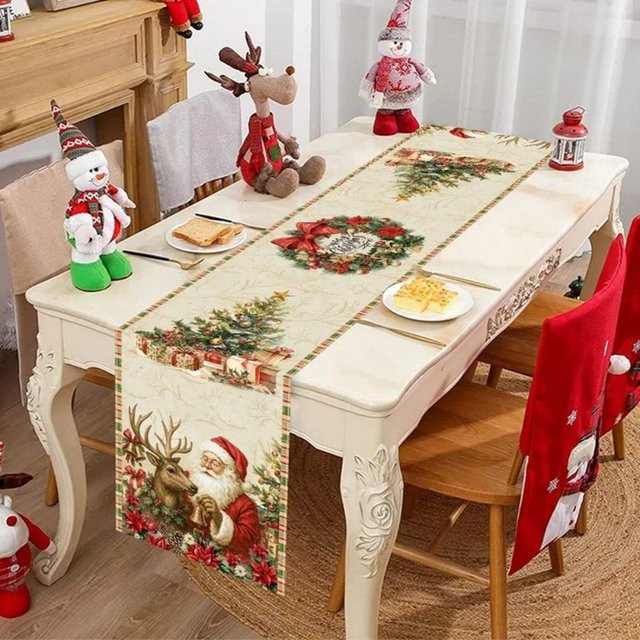 VIKAMA Vintage Weihnachtstischläufer aus Leinen in Retro-Design, Breite: 180 cm, Breite: 35 cm - Bild 1