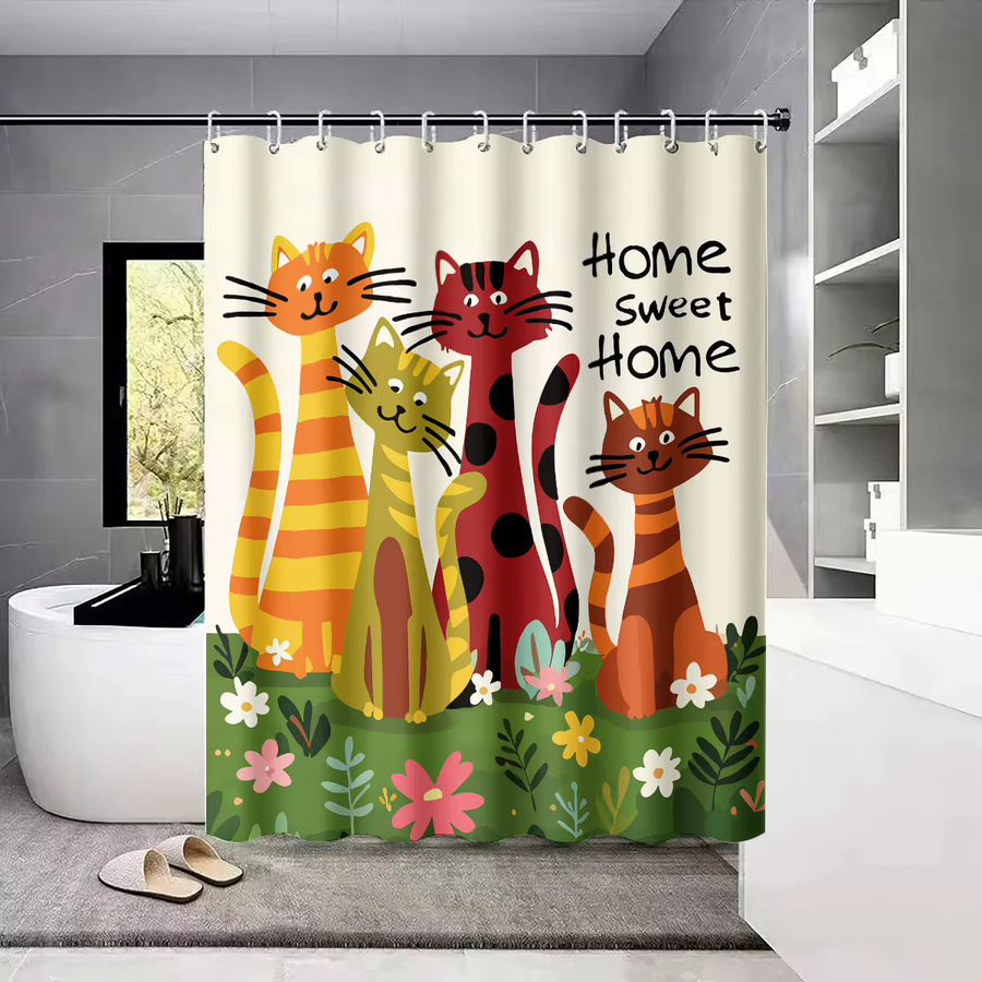 Wasserdichter Duschvorhang mit Cartoon-Katzen-Print in Mehrfarbig, Polyester, B/H: 180 x 180 cm, inklusive 12 Haken - Bild 4