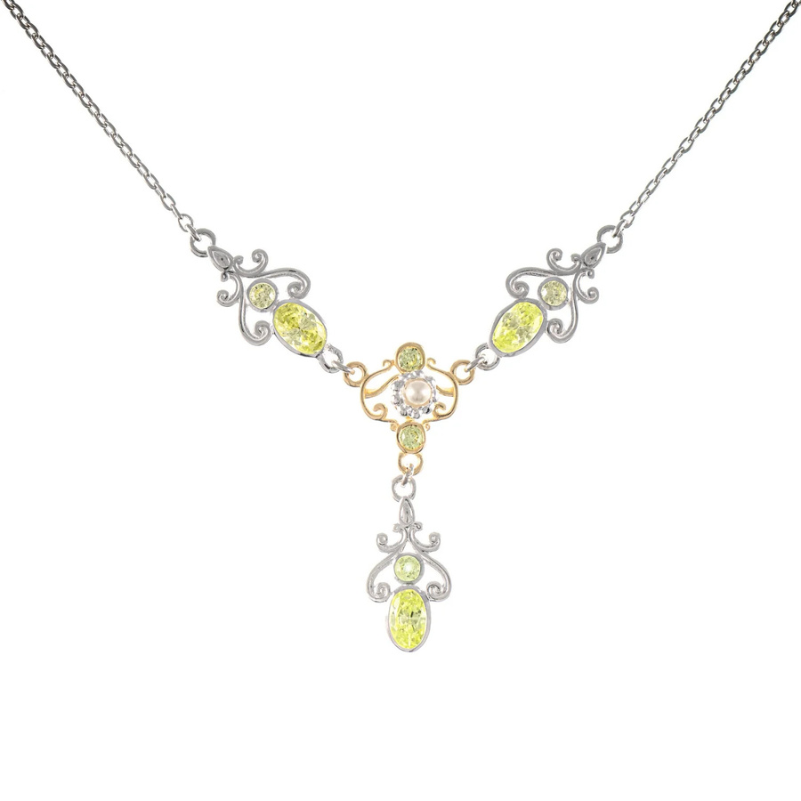 Collier 925 Silber, teilvergoldet, Zirkonia hellgrün, Perle, Damen - Bild 1
