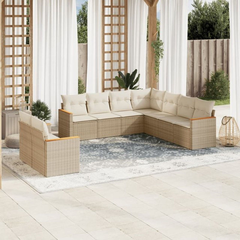 Vidaxl Gartenmöbel-Set mit 9 Teilen aus Polyrattan und Kissen, Beige, Modernes Design - Bild 1