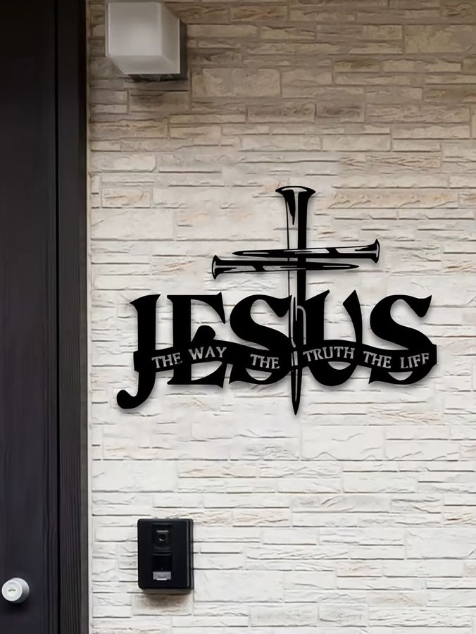 DDPNKL Jesus-Wanddekoration aus Metall in Schwarz mit Kreuz, betenden Händen und Jesus-Schriftzug - Bild 5