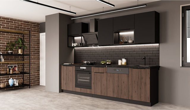 Küchenzeile MONZA + SIENA BASIC LOFT 280 in Nussbaum und Schwarz matt - Bild 1