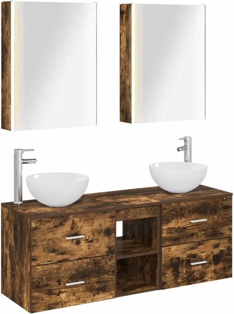 vidaXL Badezimmermöbel-Set 5-teilig aus Eiche in Braun, modern mit Spiegelschrank, Wandschrank und Waschtischunterschrank inklusive LED-Beleuchtung - Bild 1