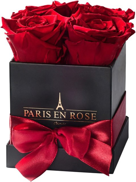 PARIS EN ROSE Rosenbox eckig in Schwarz mit 4 Bordeaux Rosen und Schleife - Bild 1