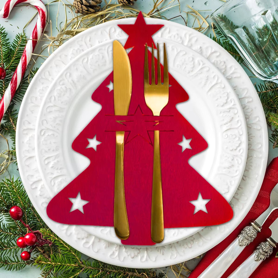 WEIGAO Bestecktaschen aus Filz für Weihnachten in Form von Tannenbaum und Stern, Set mit 4 oder 8 Stück, Farbe: Rot - Bild 3