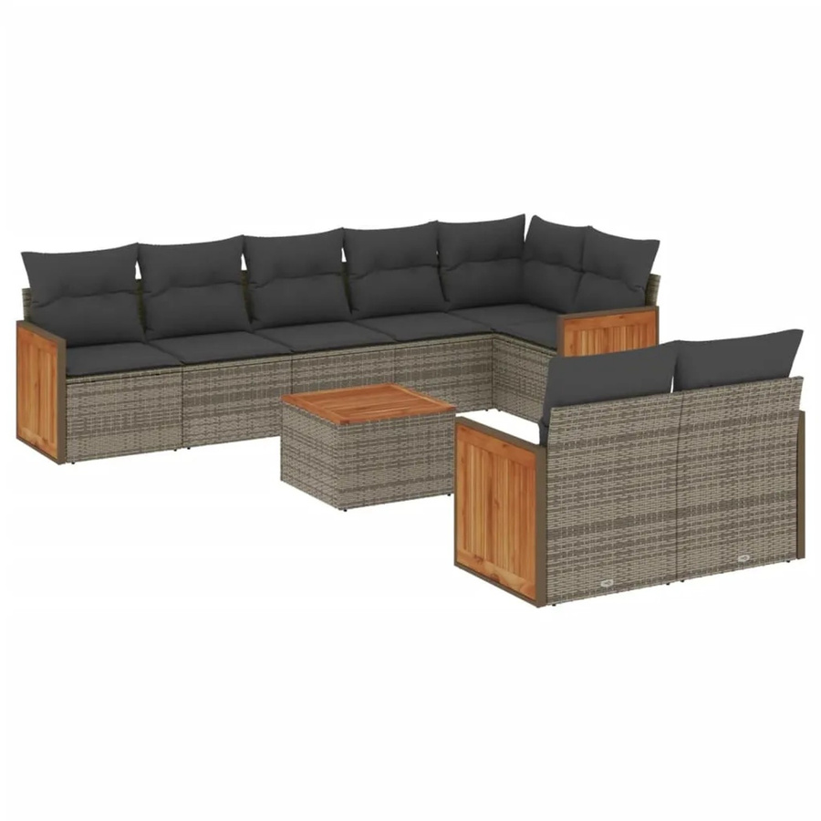 vidaXL 9-tlg. Garten-Sofagarnitur in L-Form aus grauem Poly-Rattan mit Kissen und Akazienholz - Bild 2