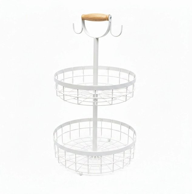 Relaxdays Obstkorb Etagere aus Metall in Weiß, zweistöckig mit Holzgriff und Haken, Höhe: 53 cm, Breite: 28,5 cm - Bild 1