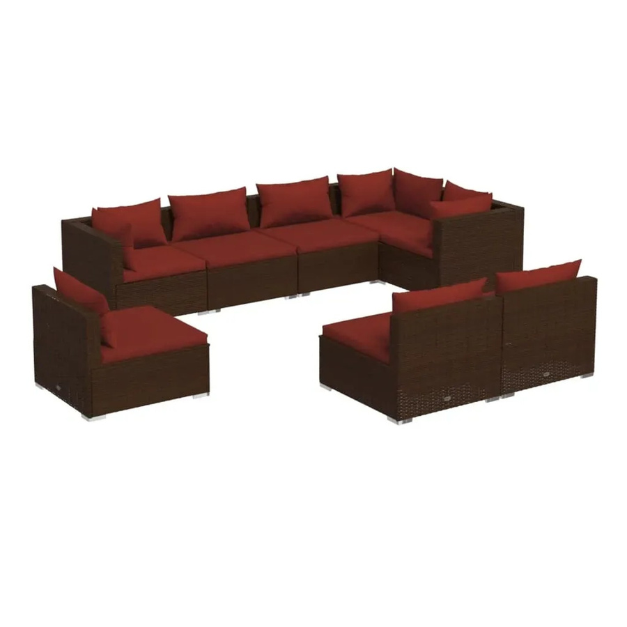 vidaXL 8-tlg. Garten-Lounge-Set in L-Form aus Poly-Rattan mit Kissen in Braun und Rot - Bild 2