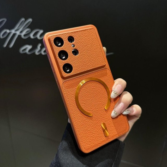 Magnetische Handyhülle mit Ledertextur und Fensterabdeckung für Samsung Galaxy S26 Ultra S25 S24 FE Plus in Orange - Bild 1