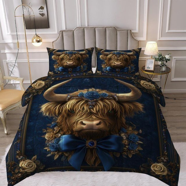 Lodestar 3-teiliges Bettdecken-Set Highland-Kuh mit Rosen, Blau, B/T: 172 x 218 cm - Bild 1