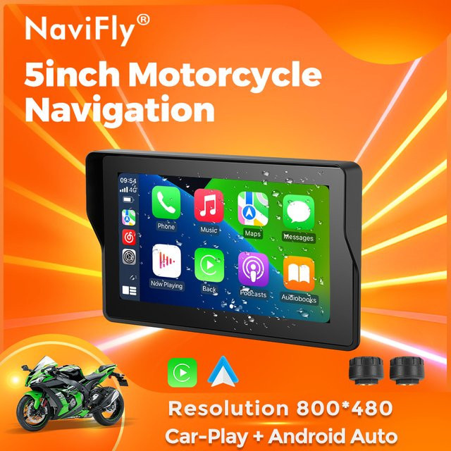Navifly Motorrad GPS Navigation mit 5 Zoll Touchscreen, Wireless CarPlay und Android Auto, IP67 wasserdicht, Schwarz - Bild 1