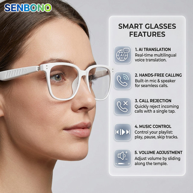 SENBONO KI-Übersetzungs-Smartbrille mit Bluetooth für 100+ Sprachen, Sonnenbrille mit Musikwiedergabe und Bluetooth-Anrufen für Herren in Weiß und Blau - Bild 1