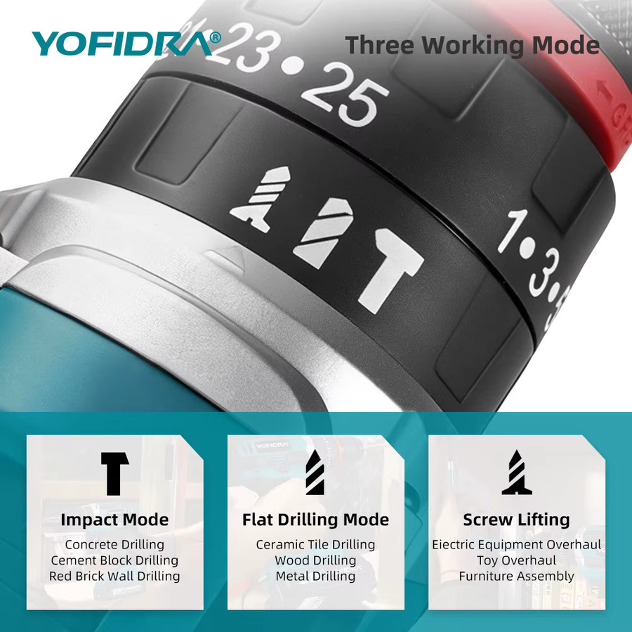 YOFIDRA 3-in-1 Akku-Schlagbohrmaschine mit 25+3 Drehmomentstufen für Makita 18-21V Akkus - Bild 3