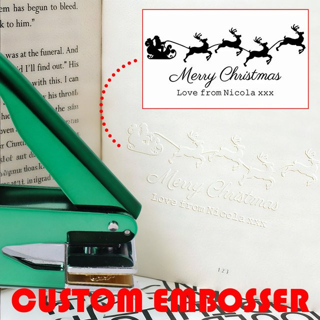 Personalisierter Embosser Clip-Stempel mit Weihnachtsdesign in Grün für deine DIY-Grußkarten und Bibliotheksbuch-Siegel - Bild 1