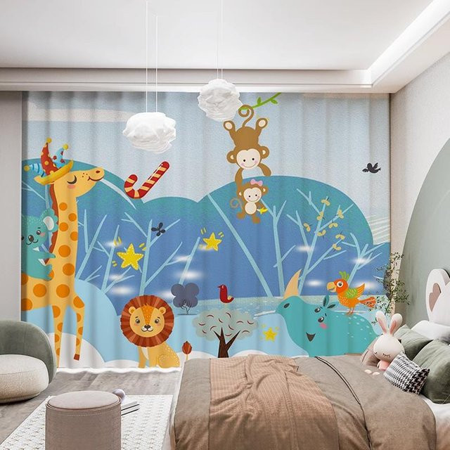 2er-Set Yiran Furniture Halbverdunkelungsvorhänge für Kinderzimmer mit Tier- und Sternmotiv, Polyester, Mehrfarbig, B/H: 50 x 100 cm - Bild 1