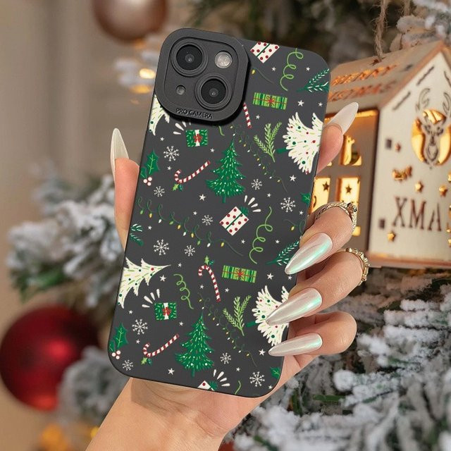 Mattierte TPU Handyhülle mit grünem Weihnachtsbaum-Geschenkmuster für Apple iPhone Modelle in Grün, Schwarz und Multicolour - Bild 1