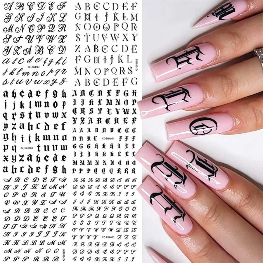 MingLee Nagelaufkleber, 6 Stück Set, Schwarz, 3D Retro Alphabet, Glänzend - Bild 2