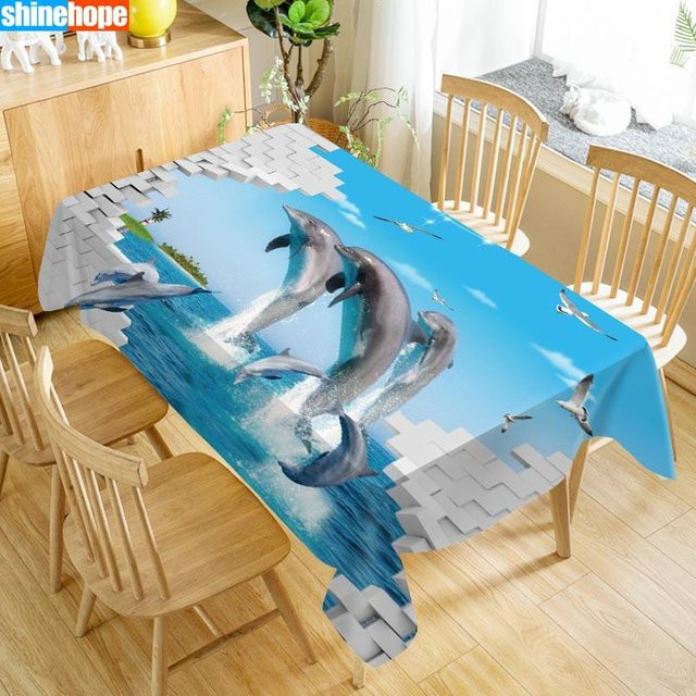 Waschbare Stoff-Tischdecke von shinehope mit 3D-Unterwasserwelt-Motiv in Blau, B/B: 140 x 160 cm - Bild 1