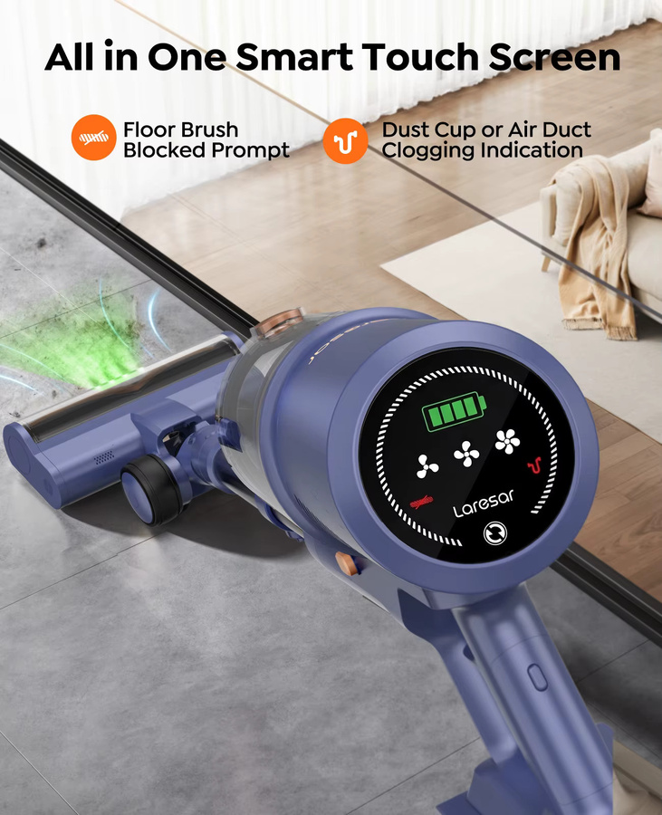 Laresar V11 Kabelloser Staubsauger in Blau mit 650W Saugkraft, 75000PA, Smart-Display und abnehmbarem Akku für bis zu 90 Min. Laufzeit - Bild 4