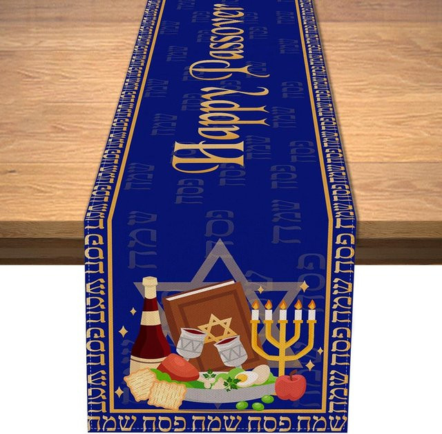 JMG Household Supplies Leinen Tischläufer Passah Dekoration mit Davidstern in Blau, Breite: 150 cm, Tiefe: 33 cm - Bild 1