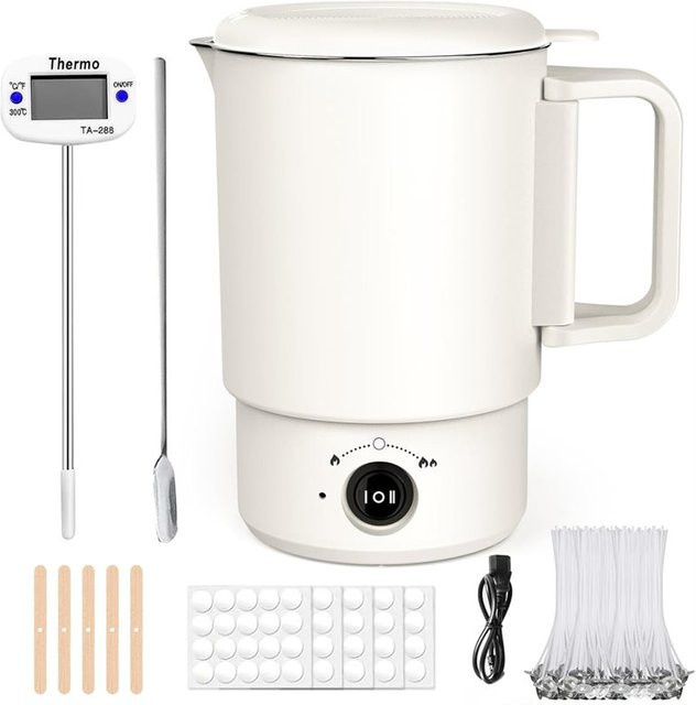 A47U Elektrisches Wachsschmelztopf-Set aus Edelstahl mit Thermometer, 800 ml Wachsschmelzer für die Kerzenherstellung in Grün-Weiß - Bild 1