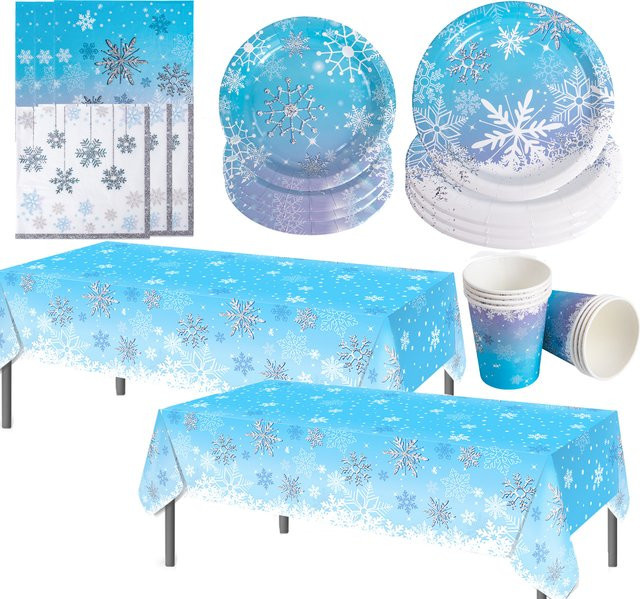 WEIGAO Einweggeschirr Set Schneeflocken Design in Blau für Party und Geburtstag - Bild 1
