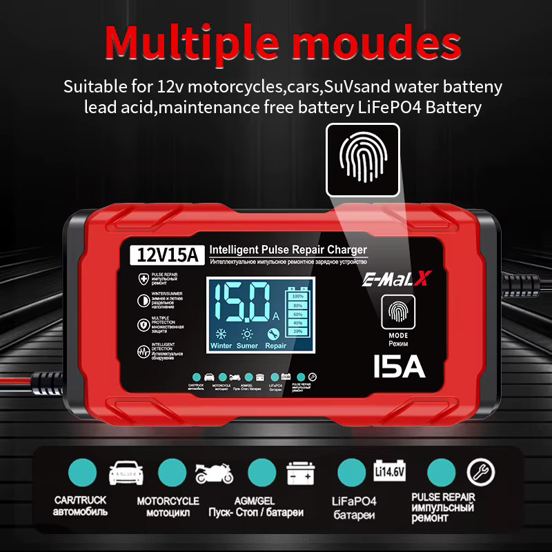 WAPUNO Intelligentes 12V 15A Autobatterie Ladegerät mit Puls-Reparaturfunktion für LiFePO4, Blei-Säure, AGM, GEL und Lithium-Batterien in Rot - Bild 2