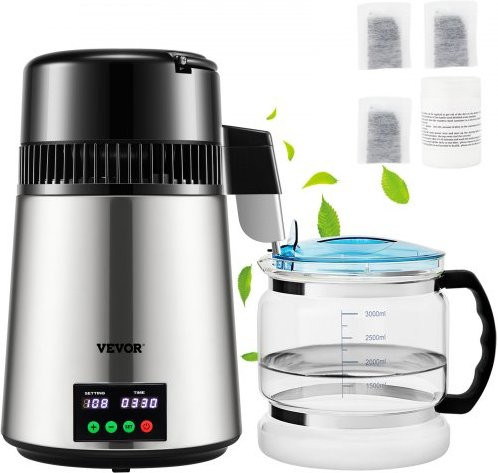 VEVOR Wasser Destillierer 4L mit 1L/H Ausbeute, Silber Edelstahl und Glas, 750 W Wasserdestilliergerät mit Temperatur- und Zeitdisplay - Bild 1