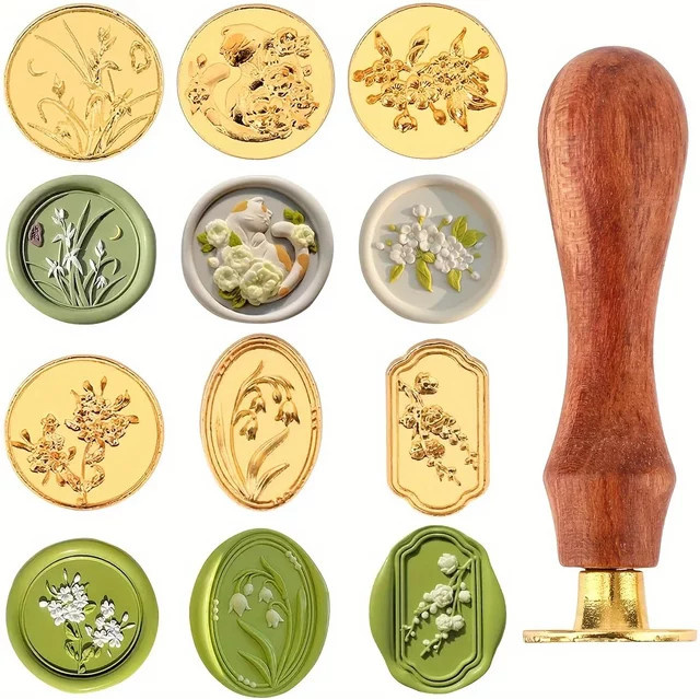 6-teiliges Blumen-Wachssiegel-Stempelset mit abnehmbarem Holzgriff in Gold und Gelb im Vintage-Stil - Bild 1