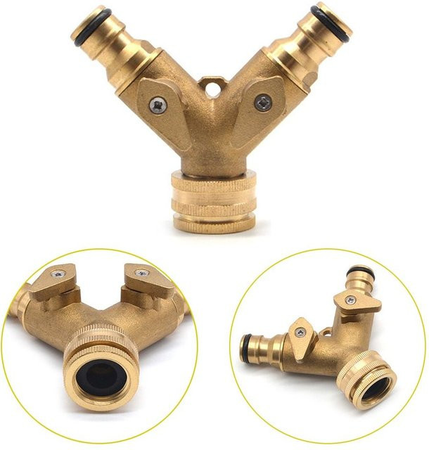 2-Wege-Garten-Wasserverteiler aus Messing mit 3/4 Zoll Y-Anschluss für die Schlauchbewässerung in Gold - Bild 1