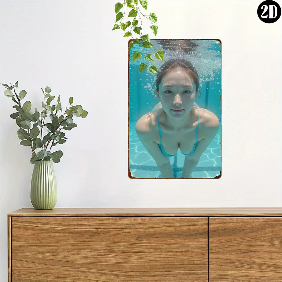 HELLOYOUNG Vintage Metall Wandschild Mädchen im Bikini Unterwasser Motiv in Blau, Rechteckiges Aluminium Wandbild B: 30,0 cm, H: 20,0 cm - Bild 2