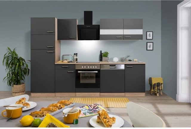 Respekta Küchenzeile in Grau-Eiche Sägerau Nachbildung mit Kühl-Gefrierkombination und Geschirrspüler, B: 280 cm, H: 200 cm, T: 60 cm - Bild 1