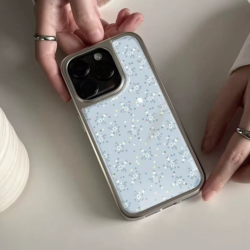 Stoßfeste DecoPhone Handyhülle mit blauem Blumendruck und silbernem Rand für iPhone 17, 16, 15, 14 Pro Max mit Hydrogel-Rückplatte - Bild 3