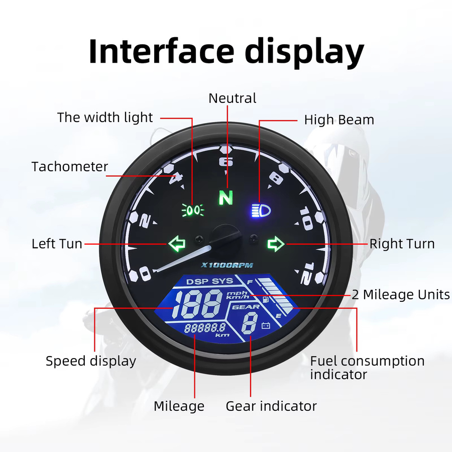 RYSJM Universal Motorrad Digital-Tachometer mit LCD-Display und grüner Beleuchtung für 1-4 Zylinder, 12000 RPM - Bild 4