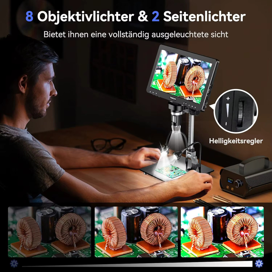 TOMLOV Professionelles digitales Elektronikmikroskop DM9 Max mit 10,1 Zoll HD IPS LCD-Bildschirm, 1500X Vergrößerung und 20MP, HDMI Anschluss, Schwarz - Bild 3