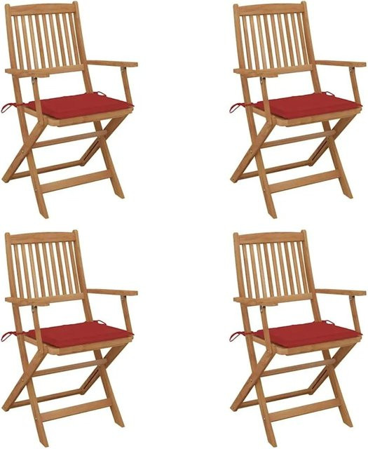 Set aus 4 klappbaren Gartenstühlen von vidaXL aus Massivholz Akazie mit Kissen in Braun und Rot - Bild 1
