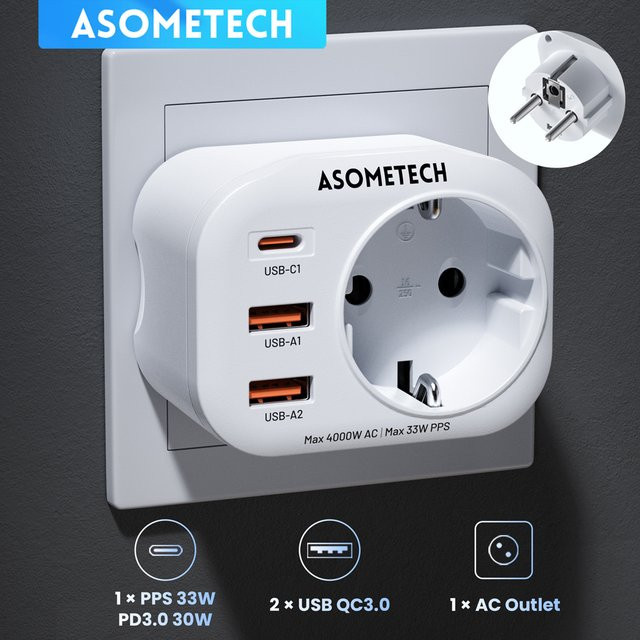 ASOMETECH 33 W GaN Ladegerät mit USB-C und 4000 W AC Steckdose in Weiß für iPhone 15 und Samsung - Bild 1