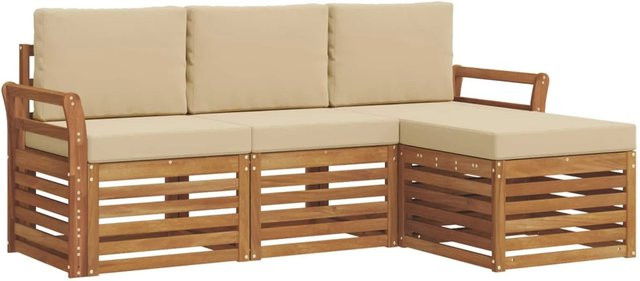 vidaXL Sofagarnitur 4-teilig aus Massivholz Akazie in Natur und Beige mit Sitz- und Rückenkissen im Latten-Design - Bild 1