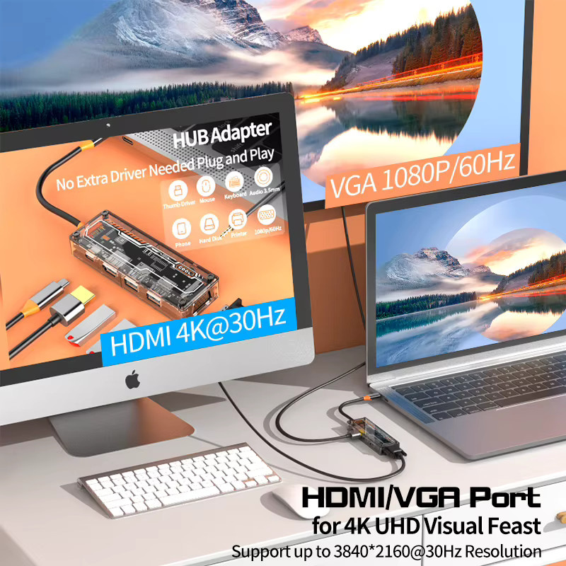 Basix 6in1 USB-C Hub Dockingstation mit HDMI, VGA, USB 3.0, USB 2.0, PD 3.0 und 3,5 mm Audio für MacBook Pro und Air - Bild 3