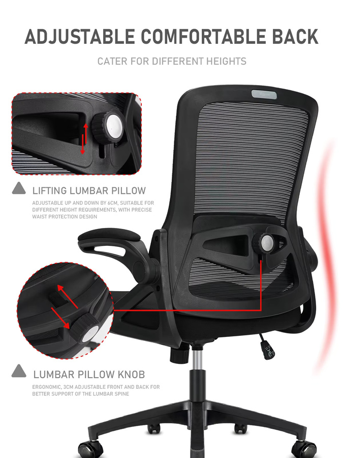 Milacyee Ergonomischer Bürostuhl in Schwarz mit klappbaren Armlehnen, Lendenwirbelstütze und Höhenverstellung - Bild 2
