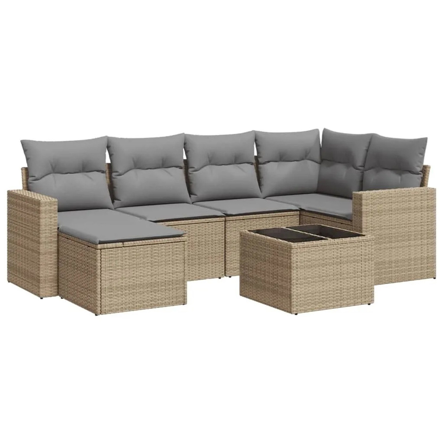 vidaXL 7-tlg. Garten-Sofagarnitur in L-Form aus Poly-Rattan mit Kissen in Beige - Bild 2