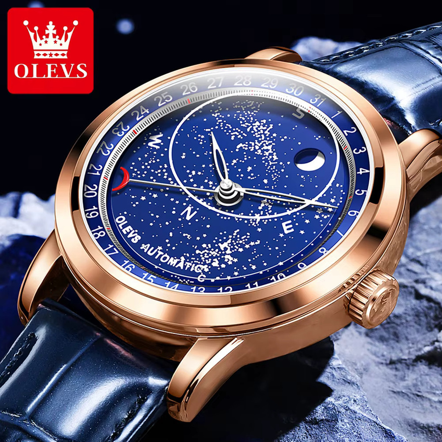 OLEVS Armbanduhr, Automatik, Mondphase, Blau, Leder, Herren - Bild 2