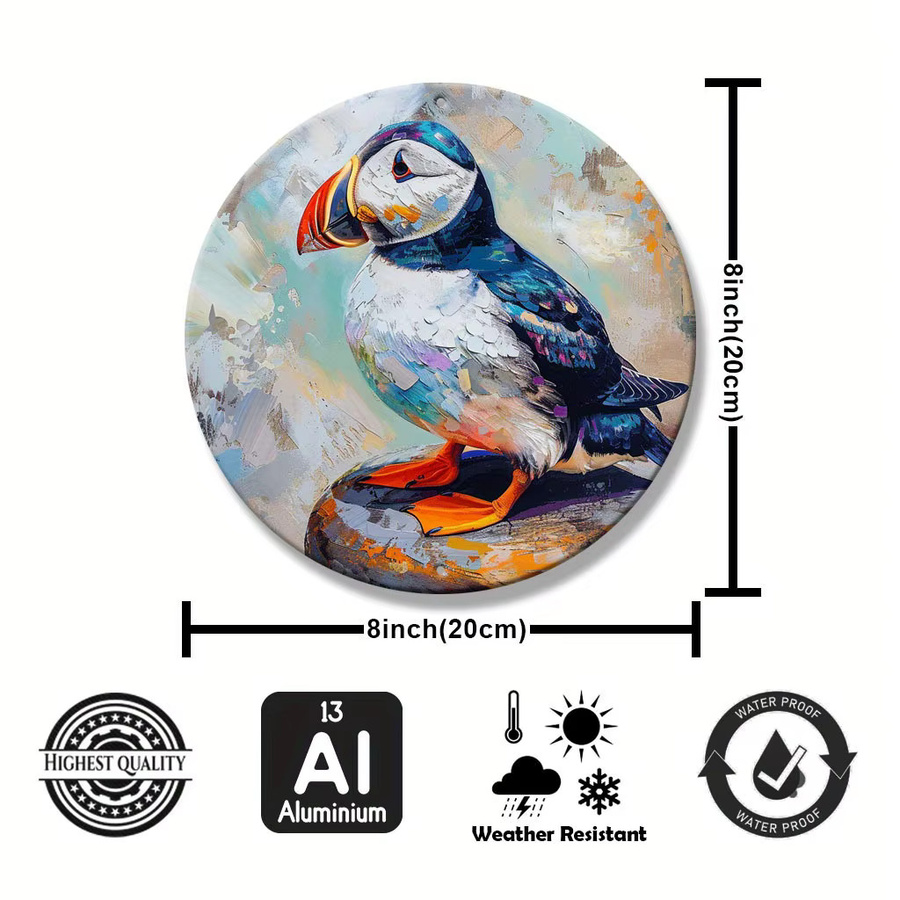 Puffin Art Aluminium-Wandschild mit mehrfarbigem Grafikdesign in Weiß, runde Metall-Wanddekoration mit Tiermotiv - Bild 3