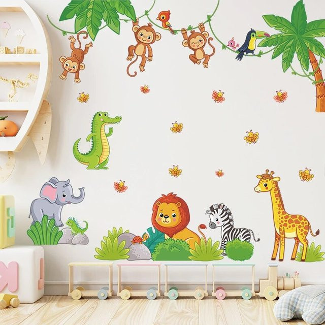 Baby Cartoon Safari Tier Wandaufkleber mit Giraffe, Affe und Löwe in Mehrfarbig für Kinderzimmer und Kindergarten - Bild 1