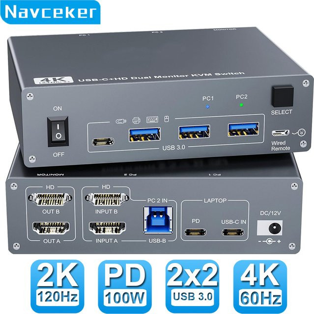 Navceker USB 3.0 USB-C HDMI KVM-Switch für Dual-Monitor, 4K 60Hz, Grau, kompatibel mit MacBook und 2 PCs - Bild 1