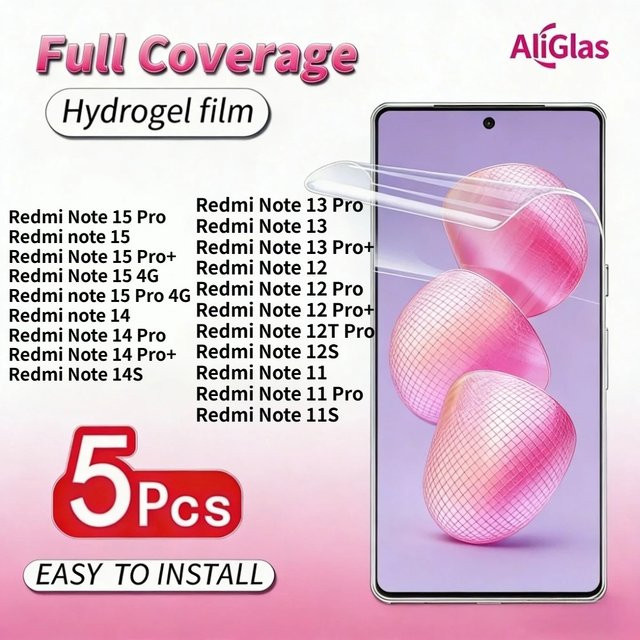 5 Stück Hydrogel-Displayschutzfolien für Xiaomi Redmi Note 15 Pro Plus, transparent, kompatibel mit Redmi Note 14 13 12 11 Pro Plus, unterstützt Fingerabdruck-Entsperrung - Bild 1