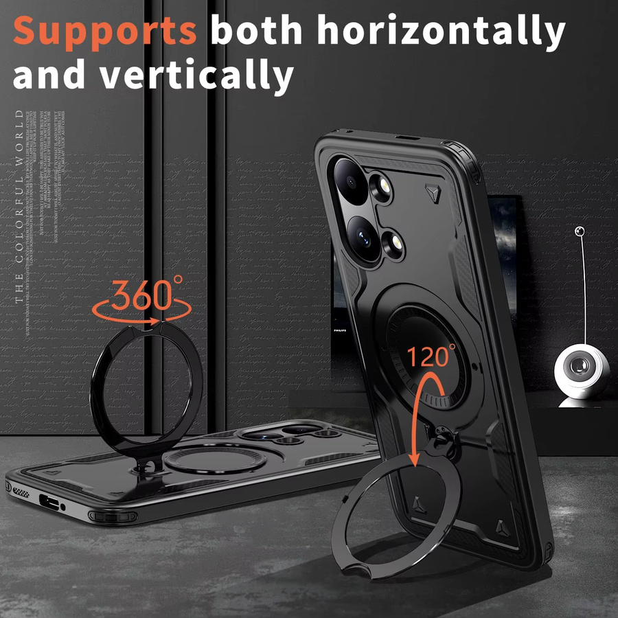 Xiaomi Poco X8 Pro 5G / Poco X8 Schutzhülle mit magnetischem Drehringhalter in Schwarz, robuste TPU+PC Stoßfeste Hülle mit Fallschutz - Bild 4