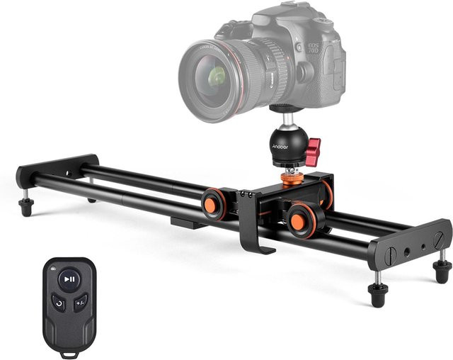 Andoer Kamera-Video-Dolly-Slider-Set mit 3-Rad-Auto-Dolly, 3 einstellbare Geschwindigkeiten, Schwarz, Länge: 60 cm - Bild 1