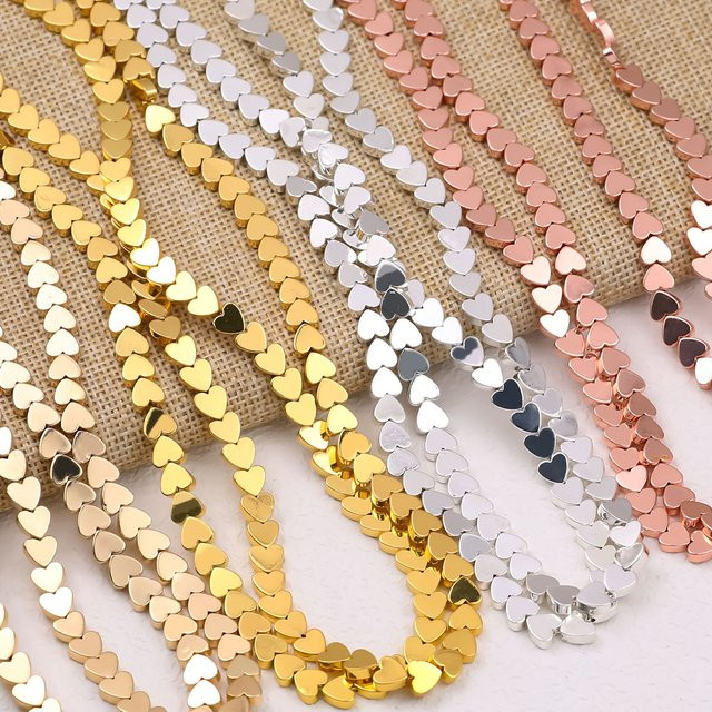 JHNBY Spacer Perlen, Herzform, Gold versilbert, Hämatit Naturstein, 6mm - Bild 1