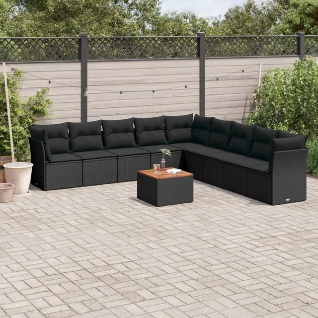 vidaXL 10-tlg. Garten-Sofagarnitur in L-Form aus Poly-Rattan und Akazienholz mit Kissen, Schwarz - Bild 1